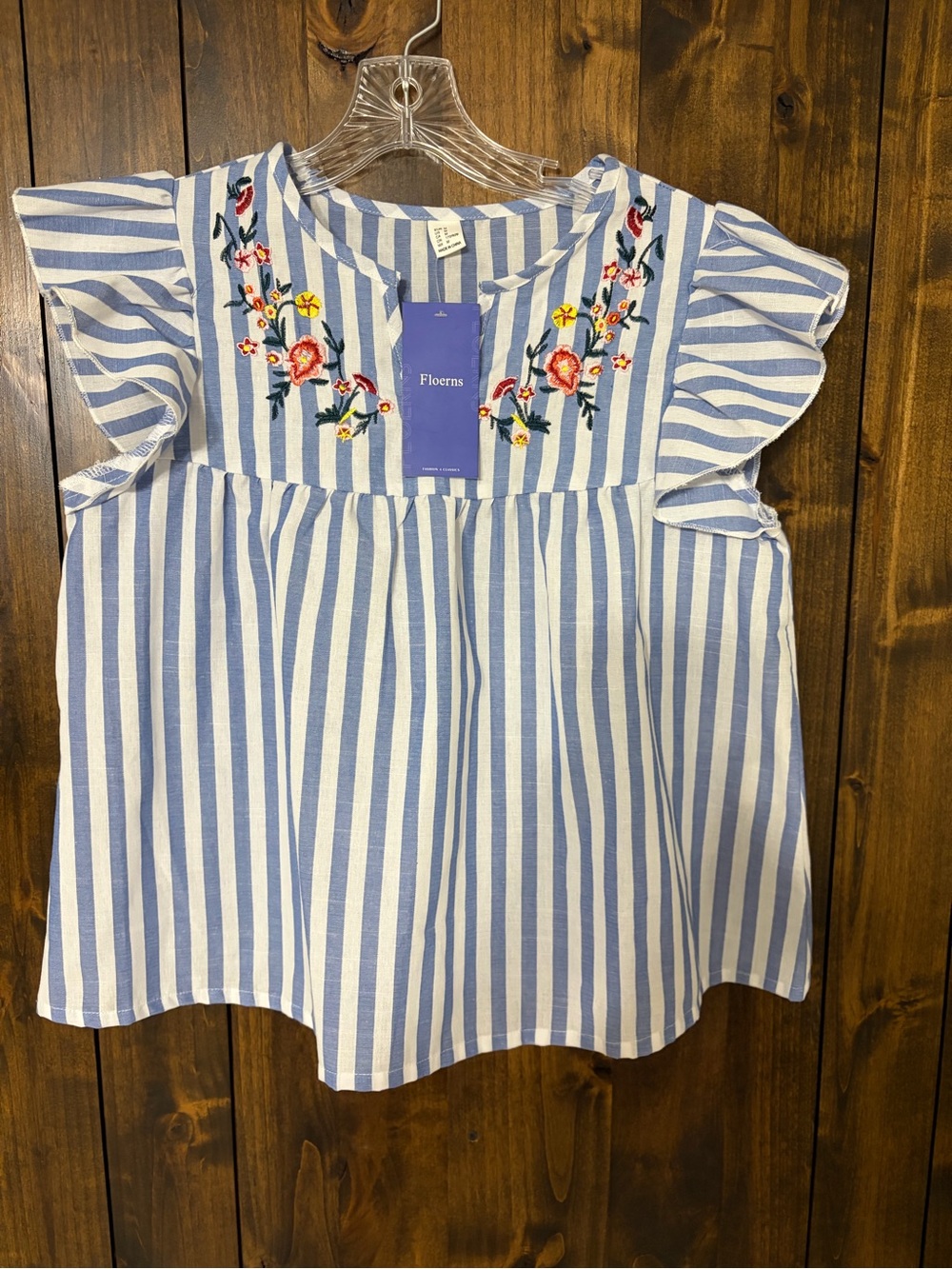 Florrns Blue & White Striped Embroidered Flutter-Sleeve Blouse